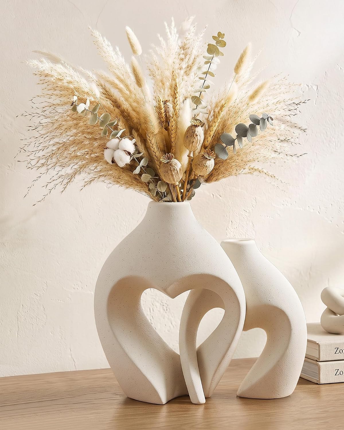 White Ceramic Flower Vases Table Decor Heart Shaped Vase Set of 2 | Nordic Heart Shaped Vases Minimalist Decorative Vase for Table Centerpiece Wedding Dining Living Room Office House Decoration