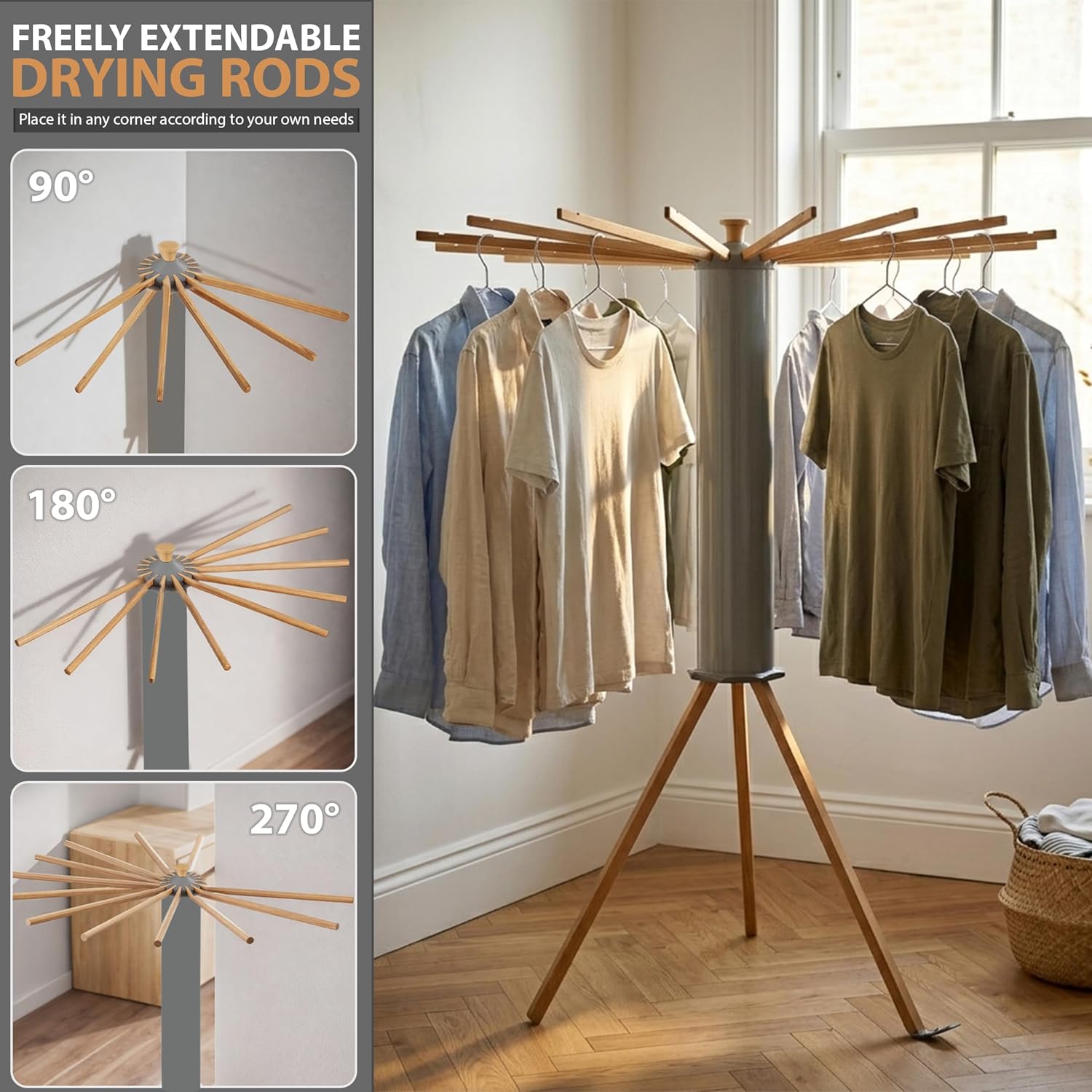 Crystals Octopus Clothes Drying Rack Airer – Portable Cloth Airer 16 Arm Wooden Collapsible Pole Tripod Laundry Dryer Horse Stand, Floor Standing Foldable Clothes Hanger for Home Use_Grey