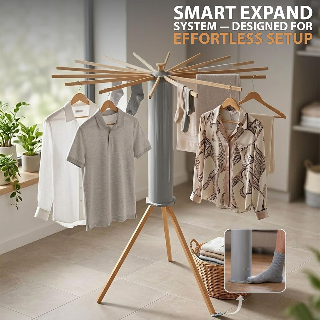 Crystals Octopus Clothes Drying Rack Airer – Portable Cloth Airer 16 Arm Wooden Collapsible Pole Tripod Laundry Dryer Horse Stand, Floor Standing Foldable Clothes Hanger for Home Use_Grey