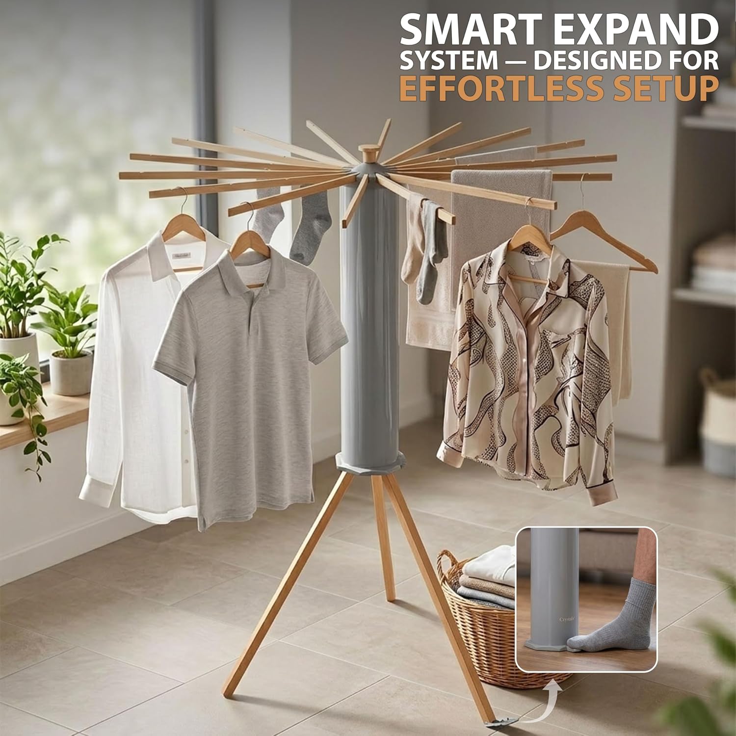 Crystals Octopus Clothes Drying Rack Airer – Portable Cloth Airer 16 Arm Wooden Collapsible Pole Tripod Laundry Dryer Horse Stand, Floor Standing Foldable Clothes Hanger for Home Use_Grey