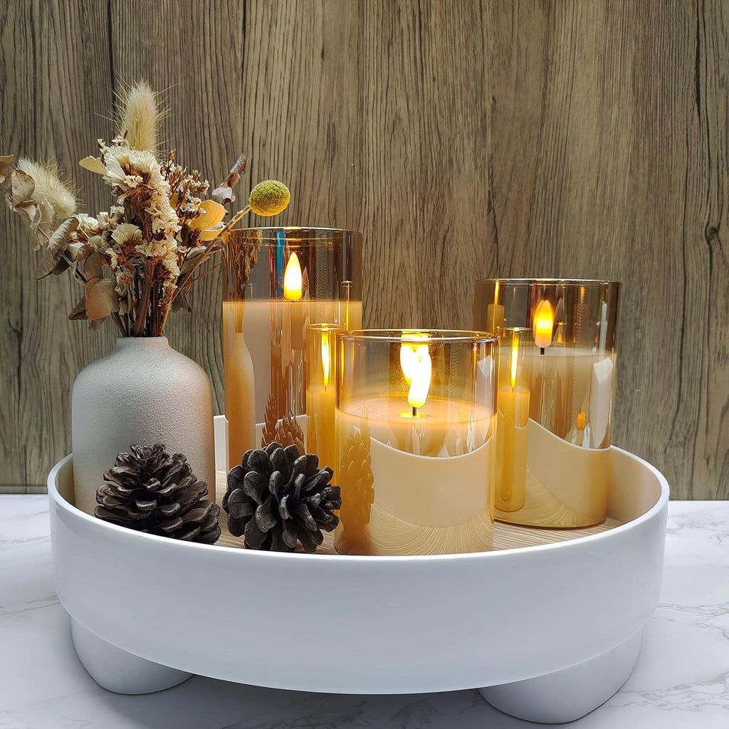 Glass Gold Real Wax LED Candles Flickering with Remote & Timer - Fake Candles Flickering Light, Battery Candles Set of 3, Festival, Room Decor, Home Decor