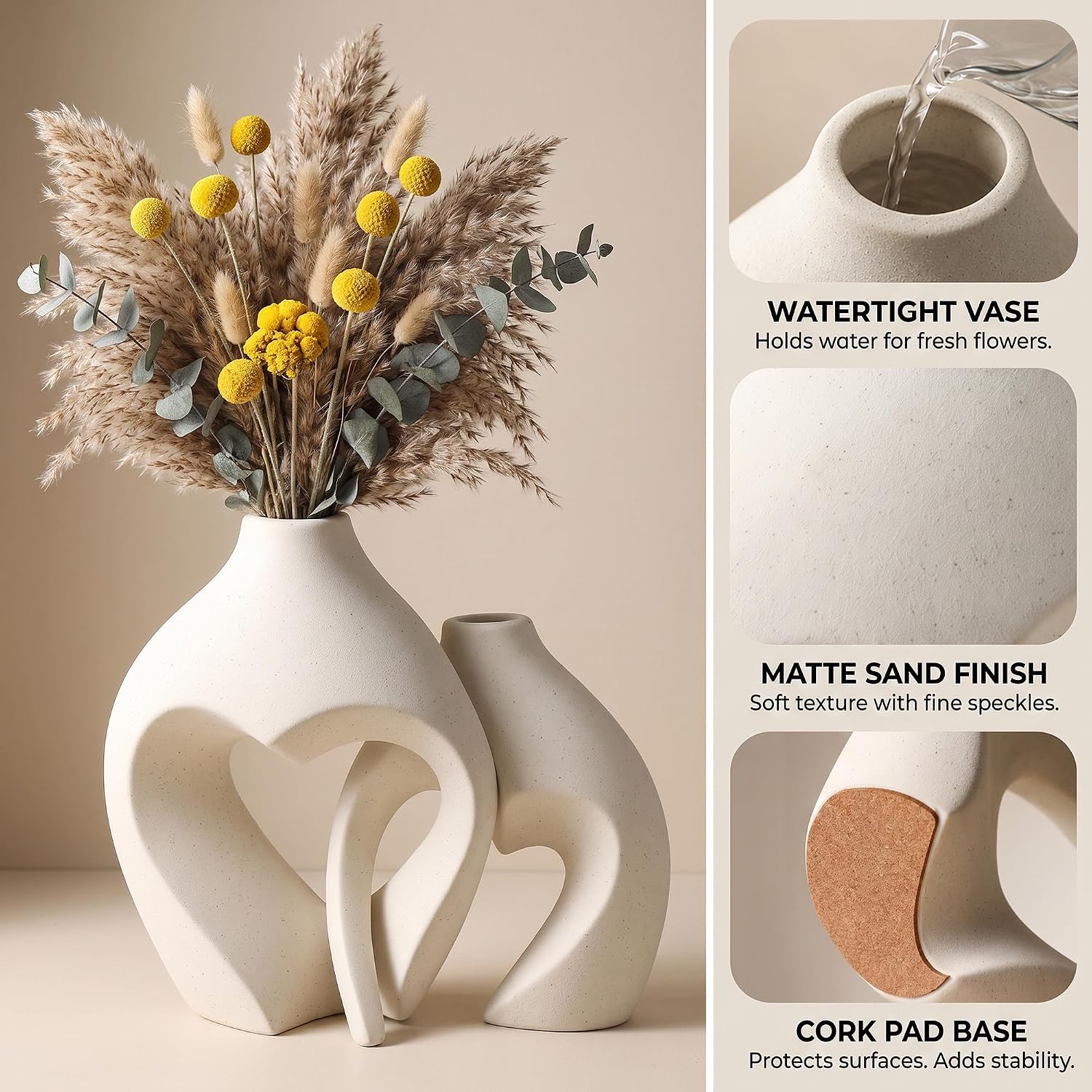 White Ceramic Flower Vases Table Decor Heart Shaped Vase Set of 2 | Nordic Heart Shaped Vases Minimalist Decorative Vase for Table Centerpiece Wedding Dining Living Room Office House Decoration