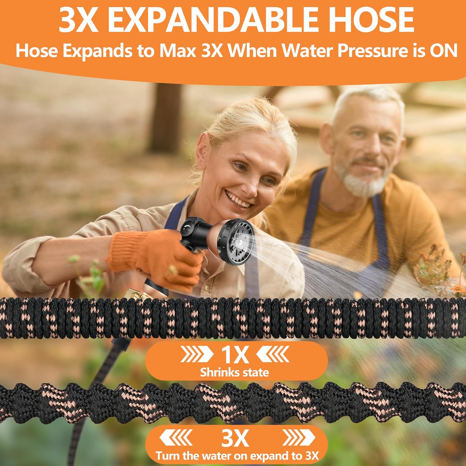 Expandable Garden Hose Pipe 150FT(45m), Flexible Water Hose w/10 Function Spray Gun & 2-in-1 Valve Quick Fittings, Lightweight, Durable, Kink-Free, Heavy Duty Expanding Hosepipes for Garden(BlackGold)