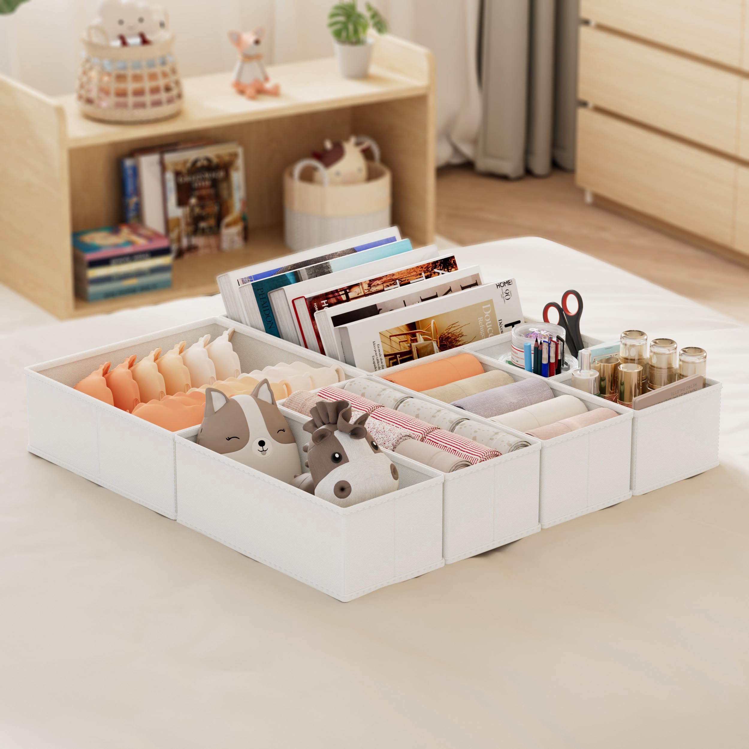 XIVIRACK 10 Pack Drawer Organizer for Clothes, Underwear Drawer Organizer Bins, Foldable Fabric Closet Storage Organizers, Drawer Dividers for Bras Undies Socks Ties, Beige