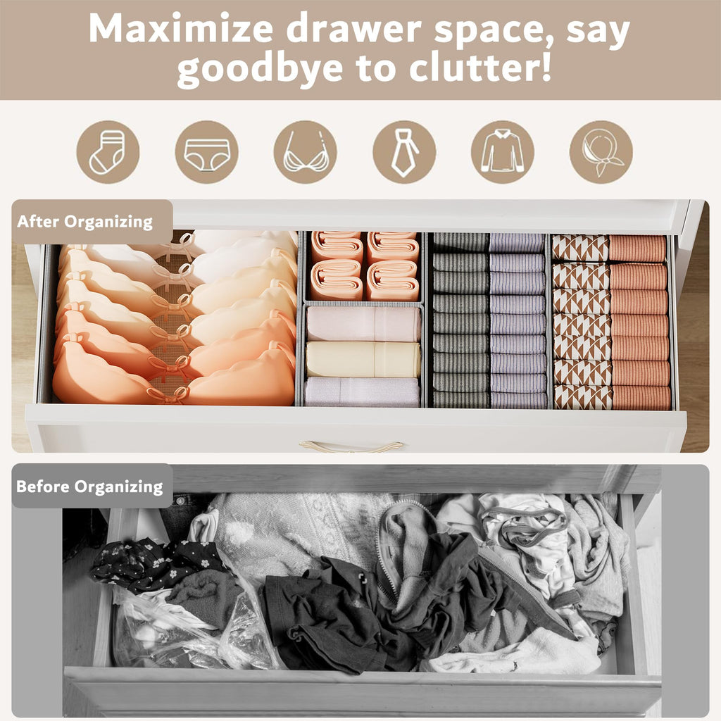 XIVIRACK 10 Pack Drawer Organizer for Clothes, Underwear Drawer Organizer Bins, Foldable Fabric Closet Storage Organizers, Drawer Dividers for Bras Undies Socks Ties, Beige