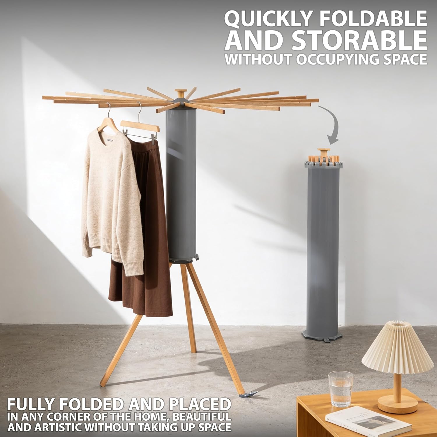 Crystals Octopus Clothes Drying Rack Airer – Portable Cloth Airer 16 Arm Wooden Collapsible Pole Tripod Laundry Dryer Horse Stand, Floor Standing Foldable Clothes Hanger for Home Use_Grey