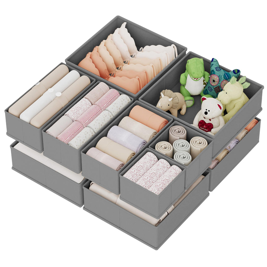 XIVIRACK 10 Pack Drawer Organizer for Clothes, Underwear Drawer Organizer Bins, Foldable Fabric Closet Storage Organizers, Drawer Dividers for Bras Undies Socks Ties, Beige