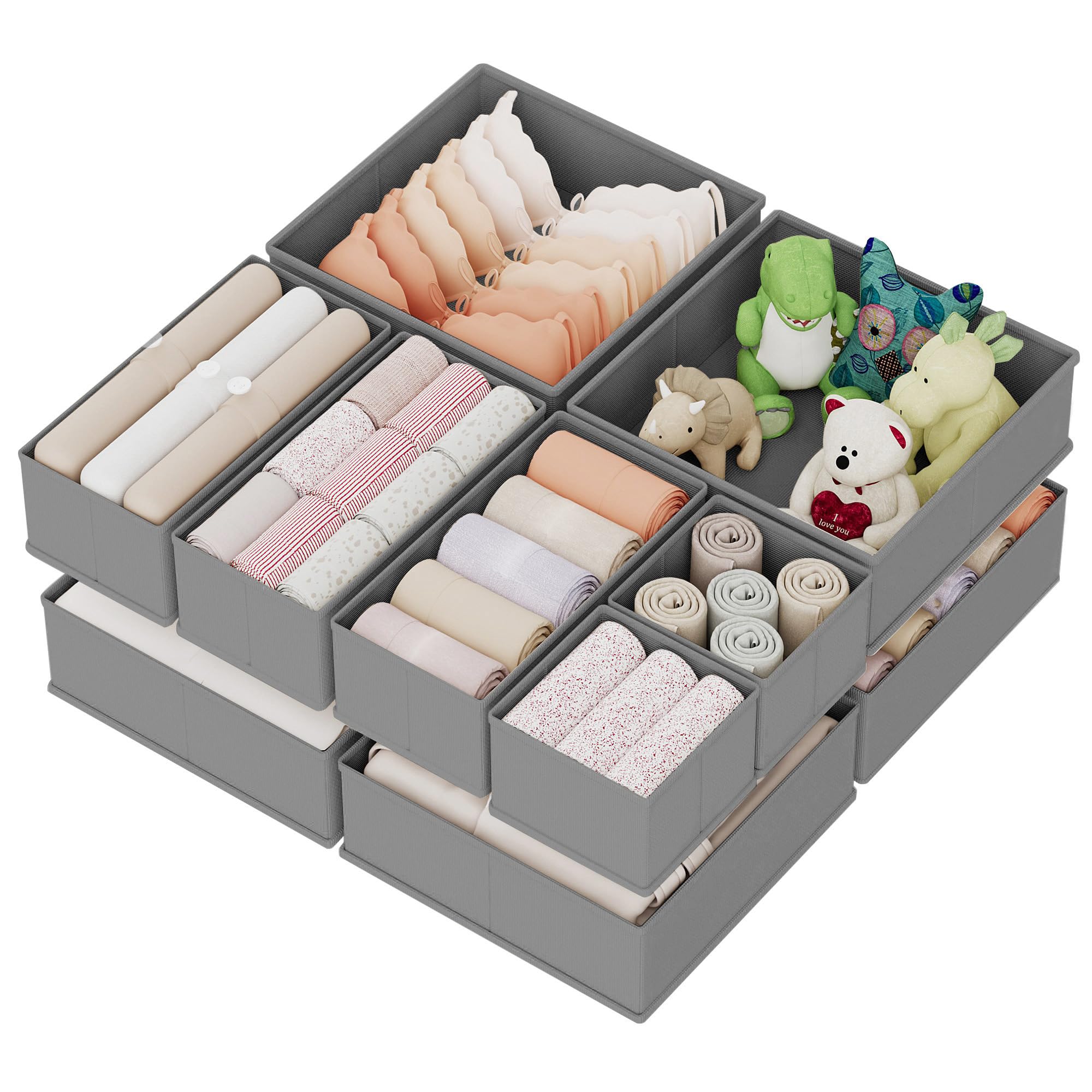 XIVIRACK 10 Pack Drawer Organizer for Clothes, Underwear Drawer Organizer Bins, Foldable Fabric Closet Storage Organizers, Drawer Dividers for Bras Undies Socks Ties, Beige