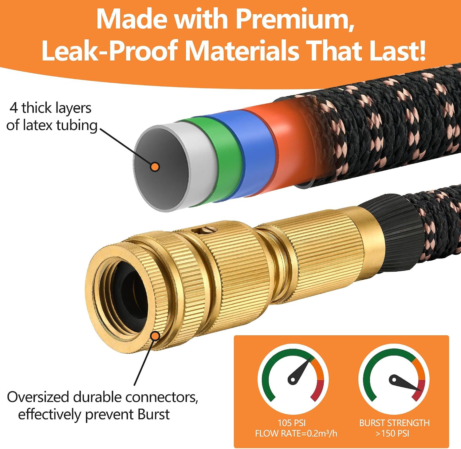Expandable Garden Hose Pipe 150FT(45m), Flexible Water Hose w/10 Function Spray Gun & 2-in-1 Valve Quick Fittings, Lightweight, Durable, Kink-Free, Heavy Duty Expanding Hosepipes for Garden(BlackGold)