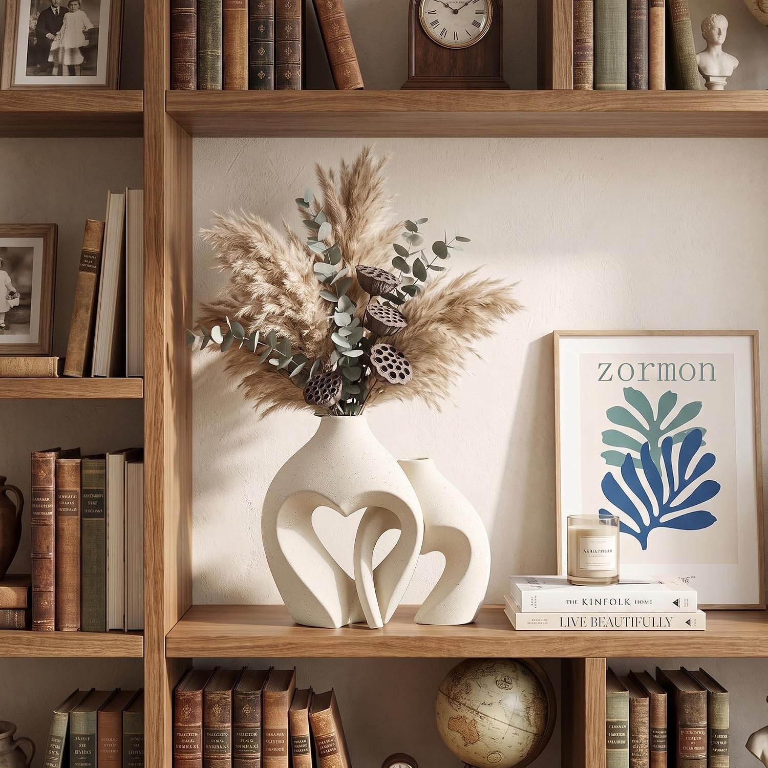 White Ceramic Flower Vases Table Decor Heart Shaped Vase Set of 2 | Nordic Heart Shaped Vases Minimalist Decorative Vase for Table Centerpiece Wedding Dining Living Room Office House Decoration