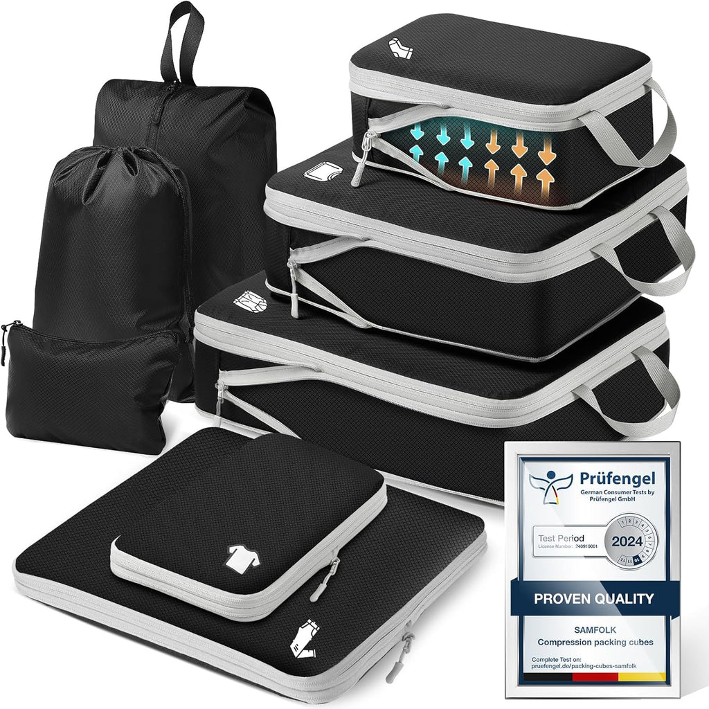 Samfolk Compression Packing Cubes for Suitcases Packing Cubes Compression Set Waterproof Suitcase Organiser Bags for Travel Suitcase Luggage Packing Organizer Bags Travel Essentials Black 8 Set