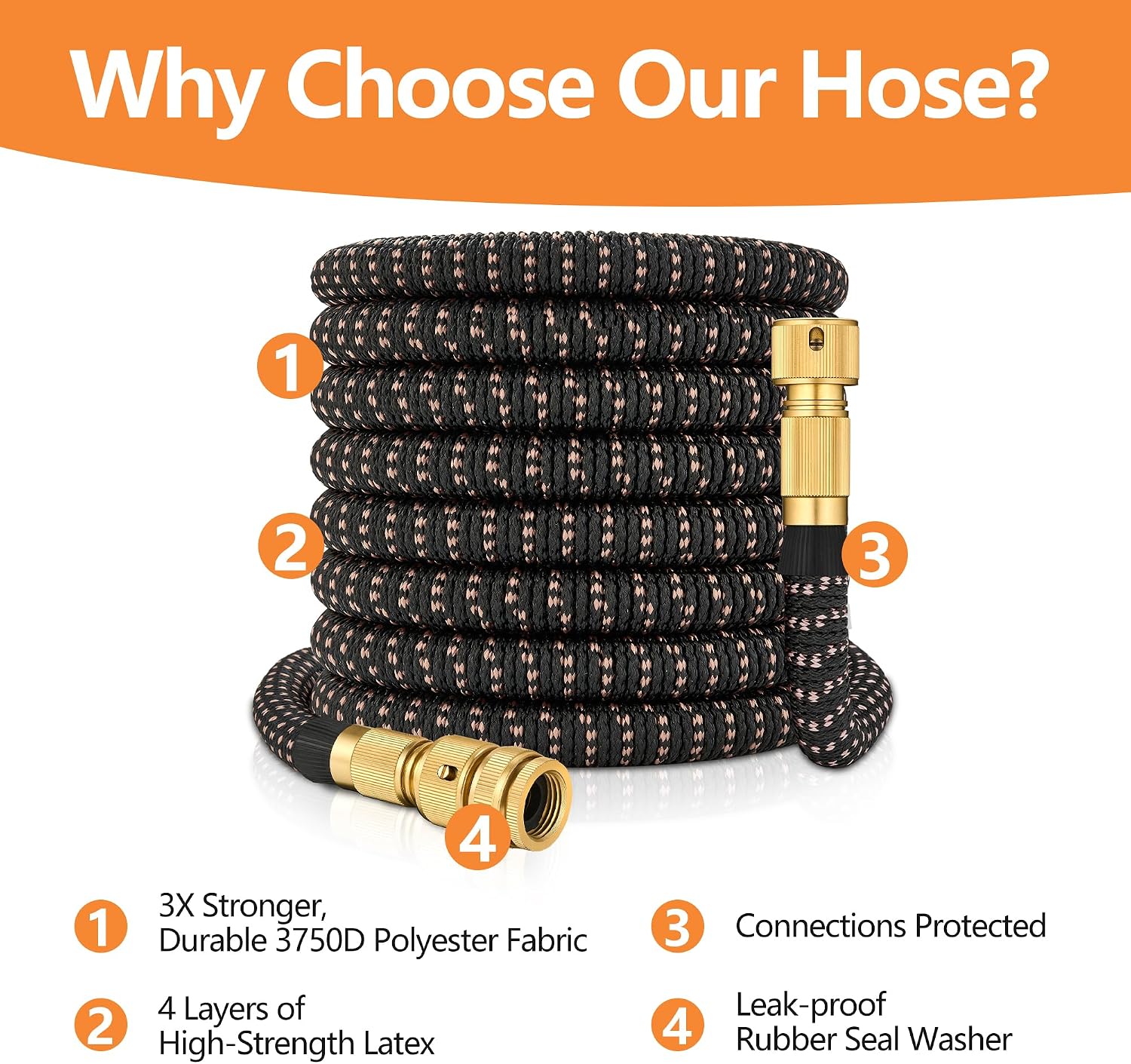 Expandable Garden Hose Pipe 150FT(45m), Flexible Water Hose w/10 Function Spray Gun & 2-in-1 Valve Quick Fittings, Lightweight, Durable, Kink-Free, Heavy Duty Expanding Hosepipes for Garden(BlackGold)