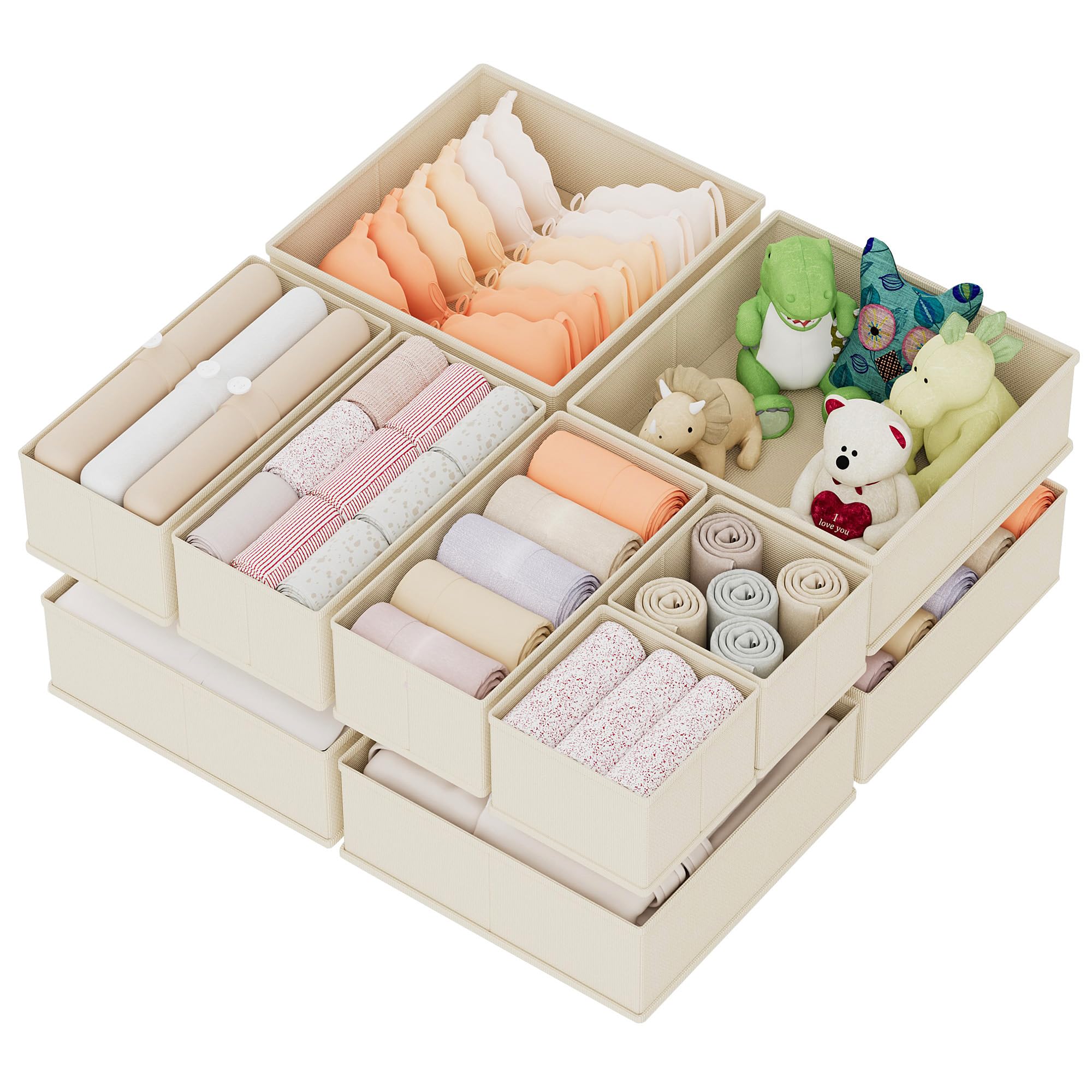 XIVIRACK 10 Pack Drawer Organizer for Clothes, Underwear Drawer Organizer Bins, Foldable Fabric Closet Storage Organizers, Drawer Dividers for Bras Undies Socks Ties, Beige