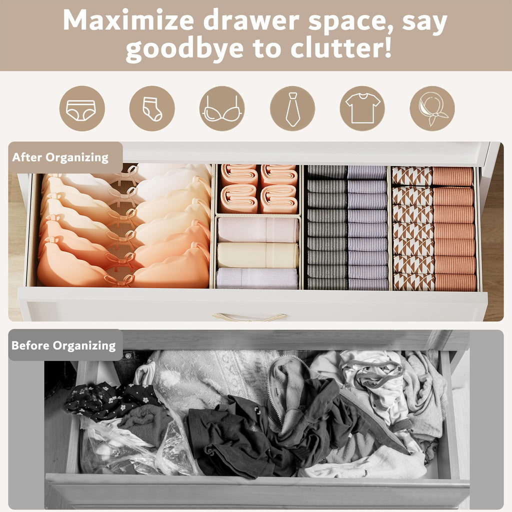 XIVIRACK 10 Pack Drawer Organizer for Clothes, Underwear Drawer Organizer Bins, Foldable Fabric Closet Storage Organizers, Drawer Dividers for Bras Undies Socks Ties, Beige