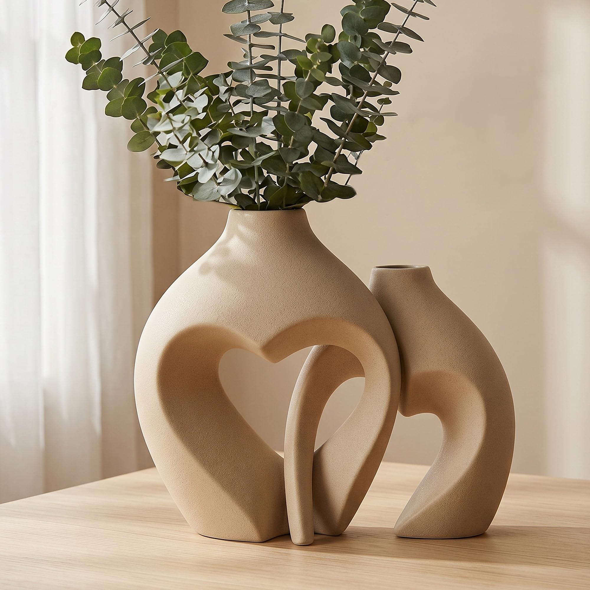 White Ceramic Flower Vases Table Decor Heart Shaped Vase Set of 2 | Nordic Heart Shaped Vases Minimalist Decorative Vase for Table Centerpiece Wedding Dining Living Room Office House Decoration