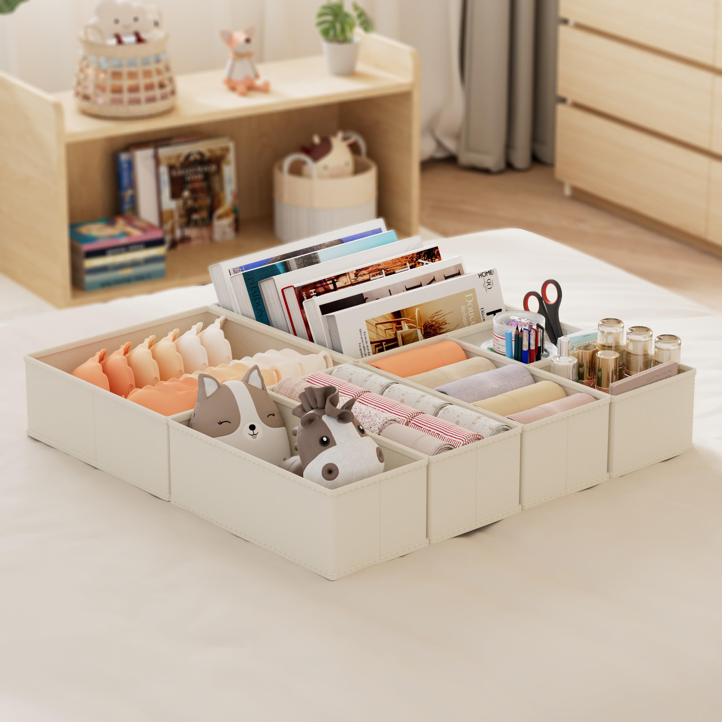 XIVIRACK 10 Pack Drawer Organizer for Clothes, Underwear Drawer Organizer Bins, Foldable Fabric Closet Storage Organizers, Drawer Dividers for Bras Undies Socks Ties, Beige