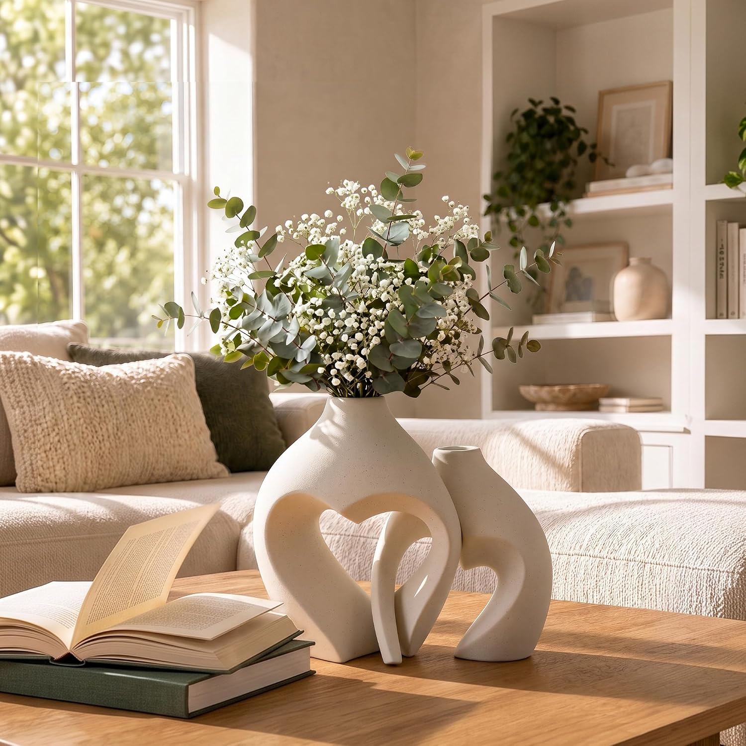 White Ceramic Flower Vases Table Decor Heart Shaped Vase Set of 2 | Nordic Heart Shaped Vases Minimalist Decorative Vase for Table Centerpiece Wedding Dining Living Room Office House Decoration