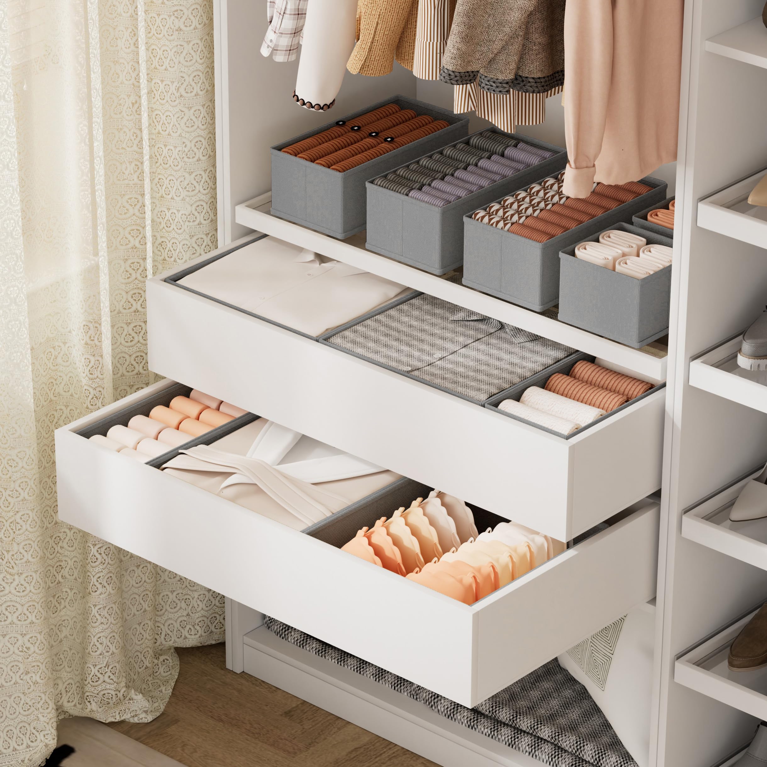 XIVIRACK 10 Pack Drawer Organizer for Clothes, Underwear Drawer Organizer Bins, Foldable Fabric Closet Storage Organizers, Drawer Dividers for Bras Undies Socks Ties, Beige