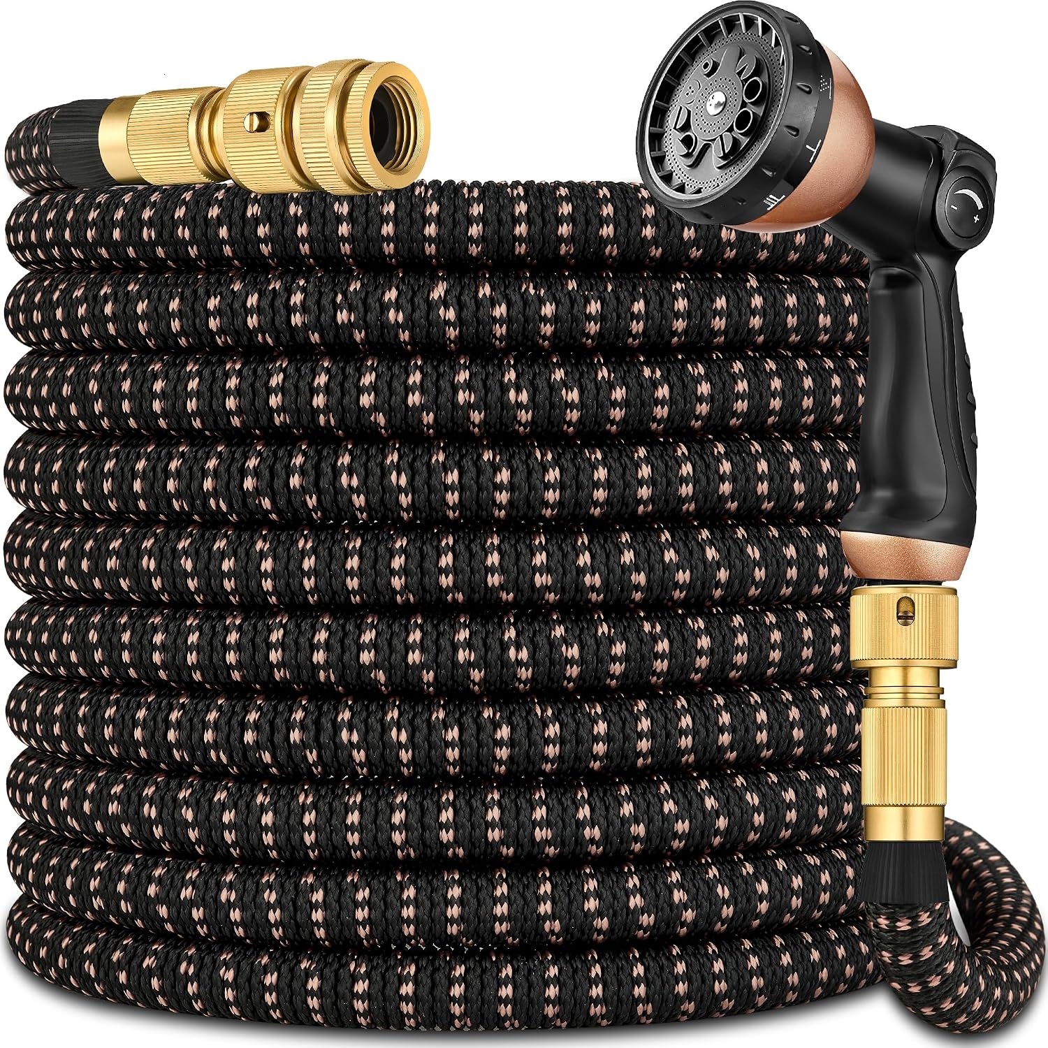 Expandable Garden Hose Pipe 150FT(45m), Flexible Water Hose w/10 Function Spray Gun & 2-in-1 Valve Quick Fittings, Lightweight, Durable, Kink-Free, Heavy Duty Expanding Hosepipes for Garden(BlackGold)