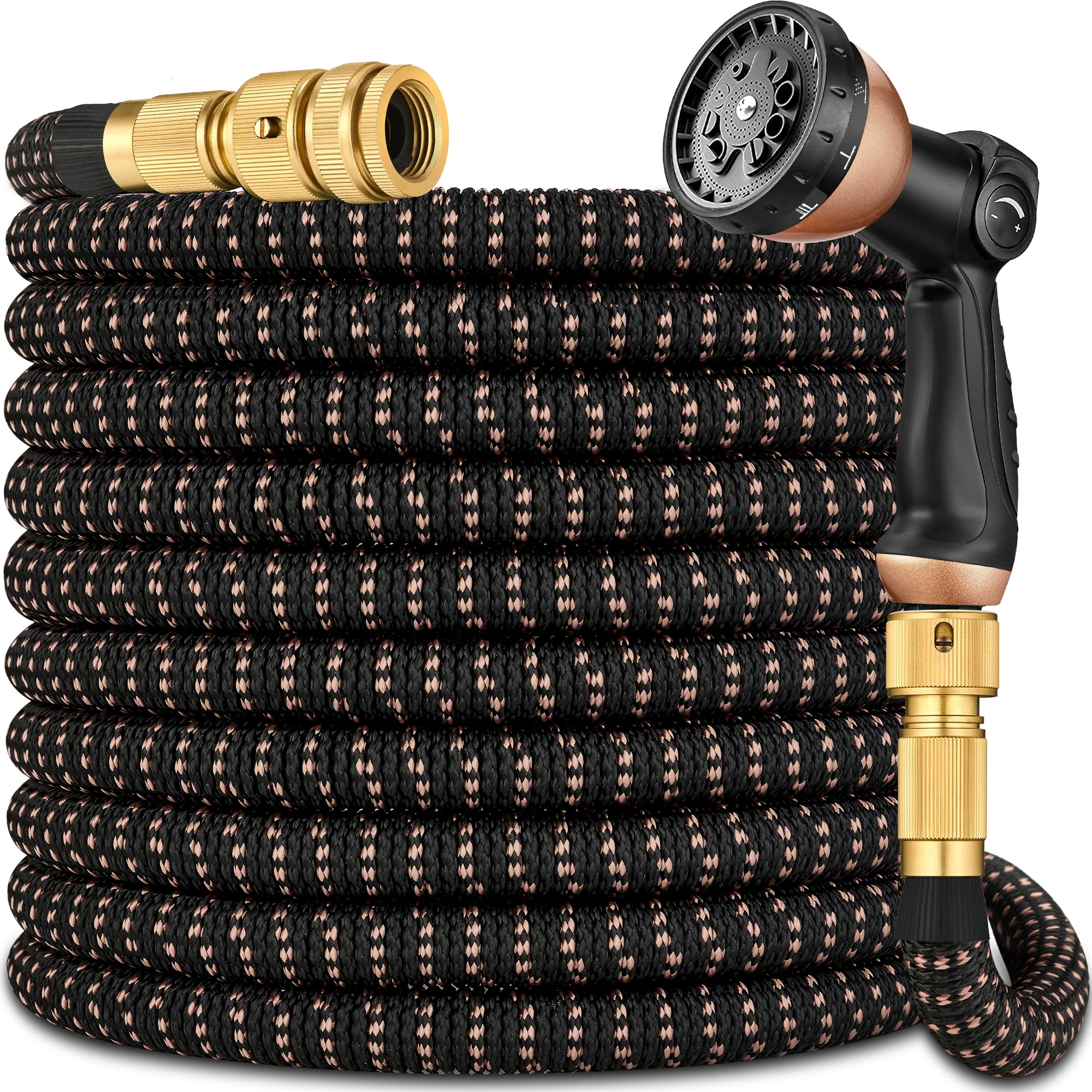 Expandable Garden Hose Pipe 150FT(45m), Flexible Water Hose w/10 Function Spray Gun & 2-in-1 Valve Quick Fittings, Lightweight, Durable, Kink-Free, Heavy Duty Expanding Hosepipes for Garden(BlackGold)
