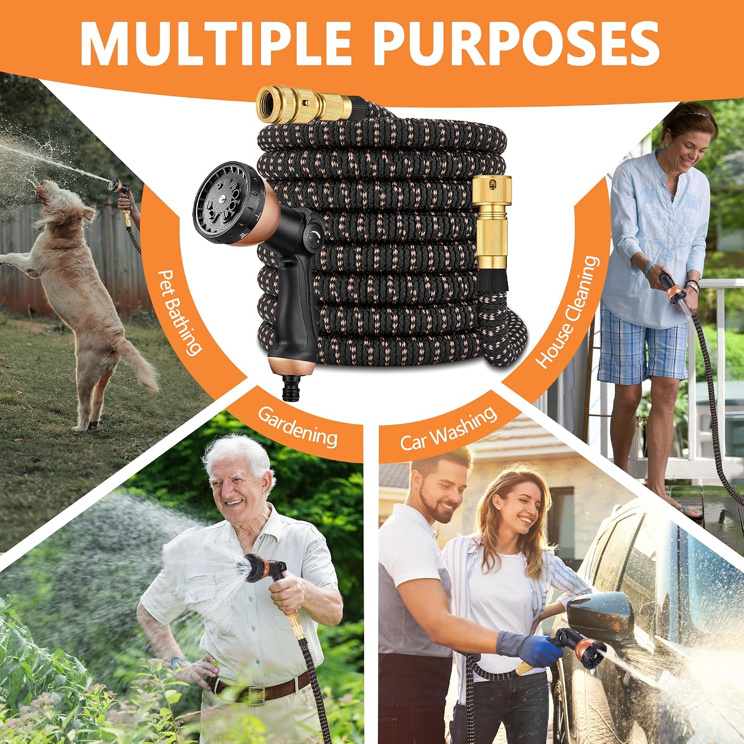 Expandable Garden Hose Pipe 150FT(45m), Flexible Water Hose w/10 Function Spray Gun & 2-in-1 Valve Quick Fittings, Lightweight, Durable, Kink-Free, Heavy Duty Expanding Hosepipes for Garden(BlackGold)